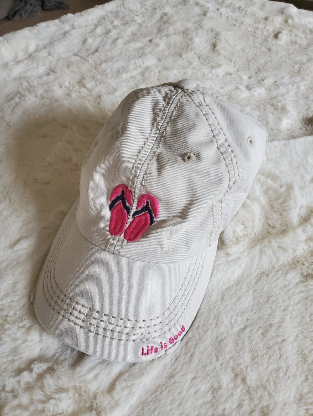 Life is Good Beige Baseball Cap with Pink Flip Flop Embroidery